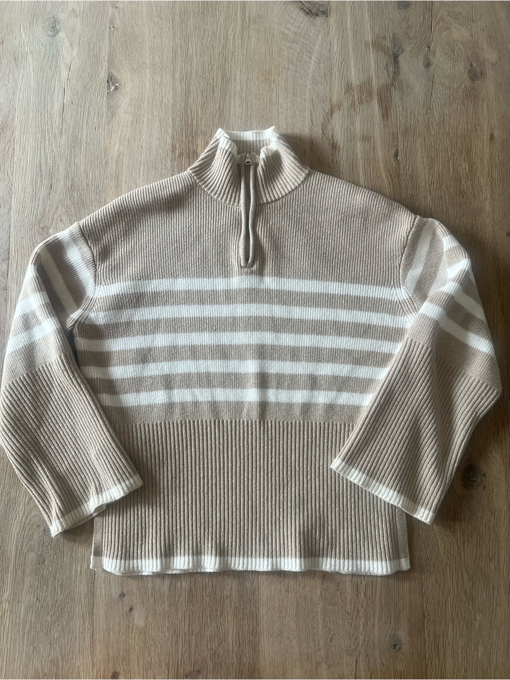 Cream Beige Stripe Merino Wool Quarter Zip Sweater XS